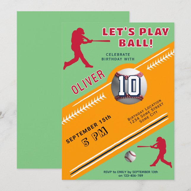 Invitación Jugador de béisbol moderno con temas de cumpleaños (Anverso / Reverso)