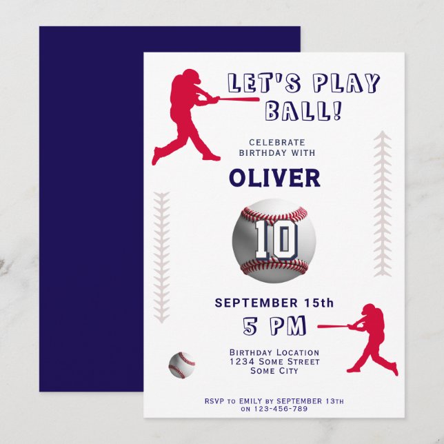 Invitación Jugador de béisbol moderno con temas de cumpleaños (Anverso / Reverso)