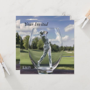Invitación Jugador de Golf en un Vaso con Campo de Golf,