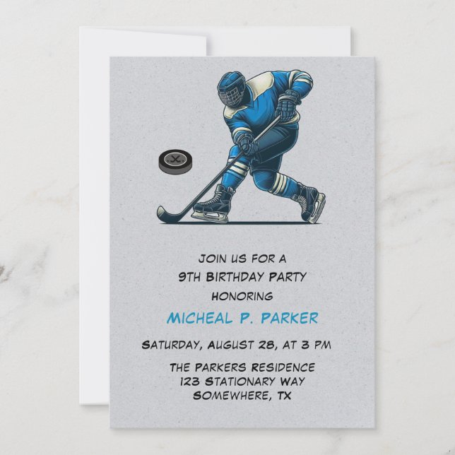Invitación Jugador de hockey azul y gris fiesta de cumpleaños (Anverso)
