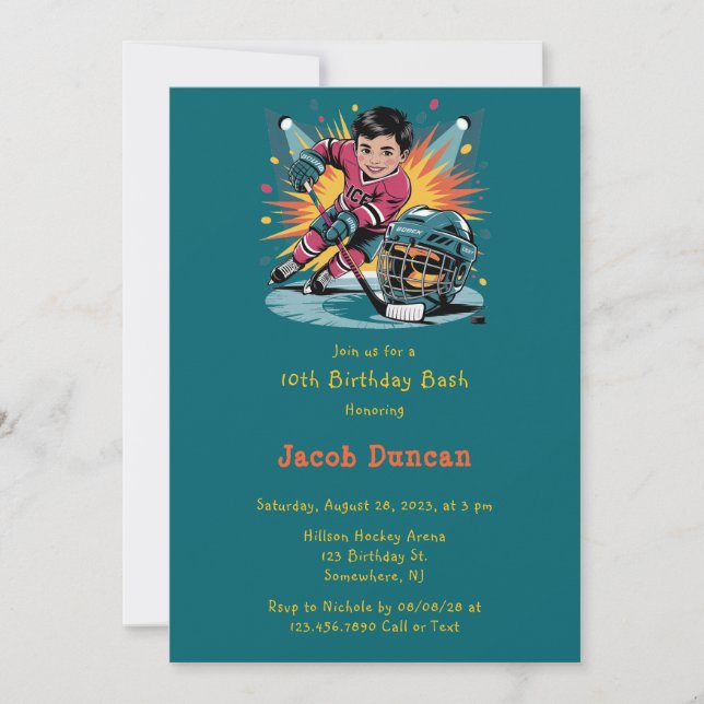 Invitación Jugador de hockey pop Art Bash cumpleaños (Anverso)
