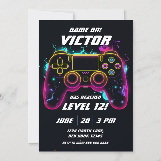 Invitación Jugador de nivel de videojuego Neon Birthday (Anverso)