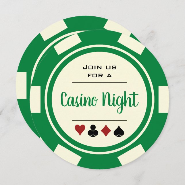Invitación Jugador de póquer Green Off-White Casino Night Bir (Anverso / Reverso)