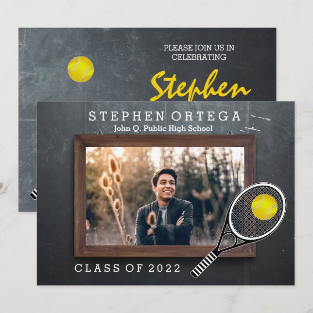 Invitación Jugador de tenis Graduación de fotos en el tablero (Anverso / Reverso)