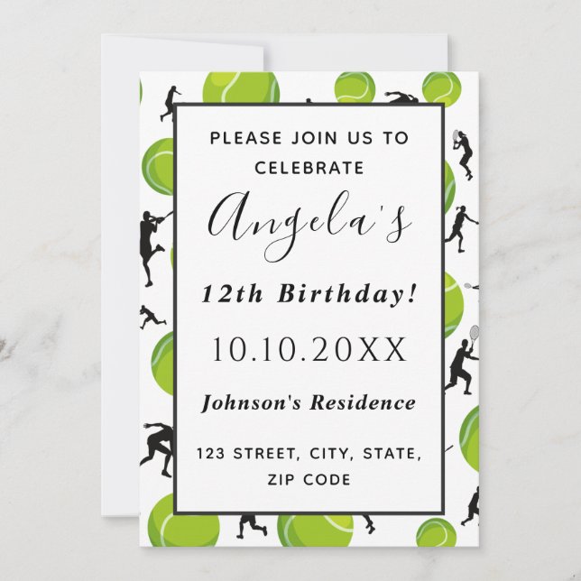 Invitación Jugador de tenis y fiesta de cumpleaños de bola ni (Anverso)