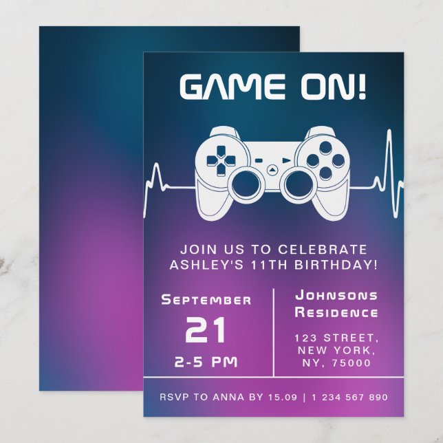 Invitación Jugador de videojuegos de degradado rosa azul (Anverso / Reverso)