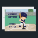 Invitación Jugador lindo personalizado del dibujo animado del<br><div class="desc">Jugador lindo personalizado del dibujo animado de Teeball del béisbol que celebra un bate de béisbol y que toma un oscilación en un béisbol. El diseño se puede modificar para requisitos particulares completamente con un nombre de su opción y un número o una edad. Si usted desea este diseño en...</div>
