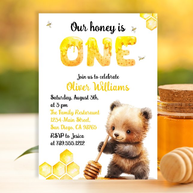 Invitación Jugador Oso de Abeja Dorado Un Año Cumpleaños (Subido por el creador)