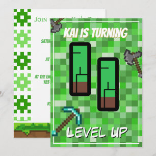 Invitación Jugador pixelado verde nivel arriba cumpleaños 11