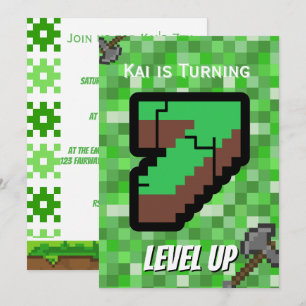 Invitación Jugador pixelado verde sube de nivel cumpleaños 7