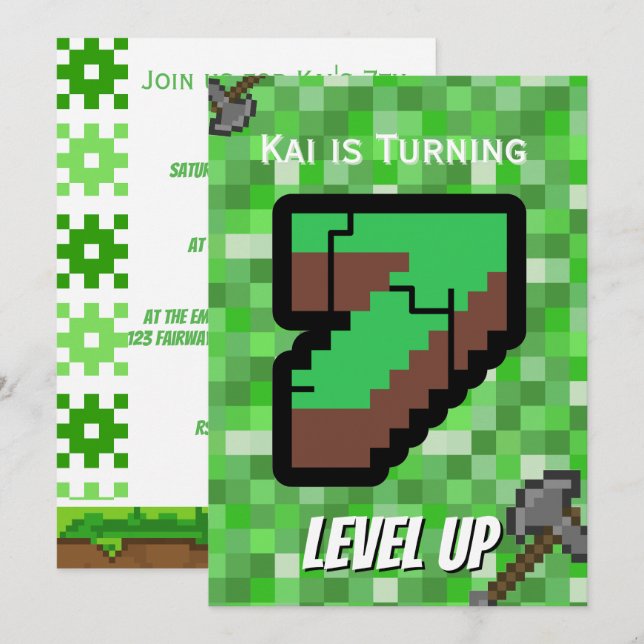 Invitación Jugador pixelado verde sube de nivel cumpleaños 7 (Anverso / Reverso)