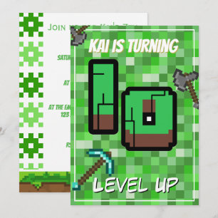 Invitación Jugador pixelado verde Subir de nivel Cumpleaños 1