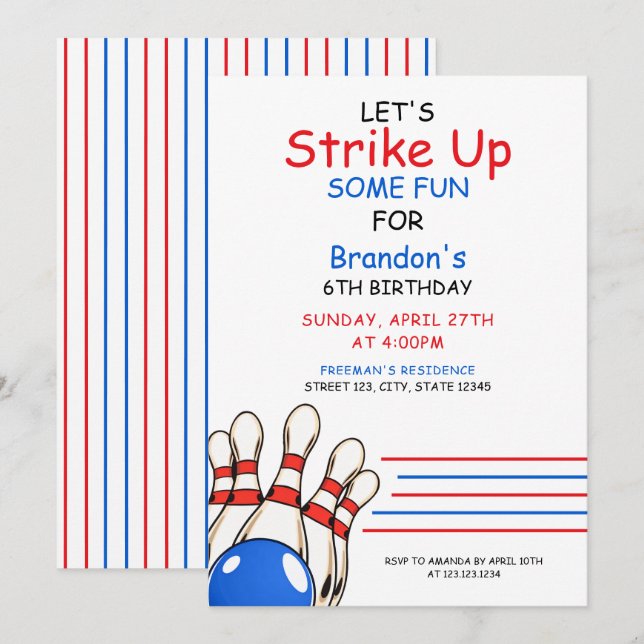 Invitación Jugador Red & Blue Bowling Tema 6 cumpleaños (Anverso / Reverso)