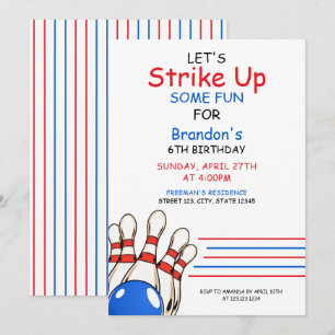 Invitación Jugador Red & Blue Bowling Tema 6 cumpleaños
