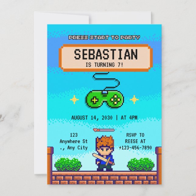 Invitación Jugador Retro de Arcade Videojuego Genial Cumpleañ (Anverso)