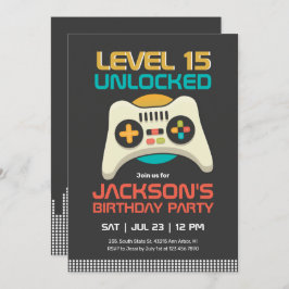 Invitación Jugador Retro Niño Nivel Videojuego Desbloqueado C