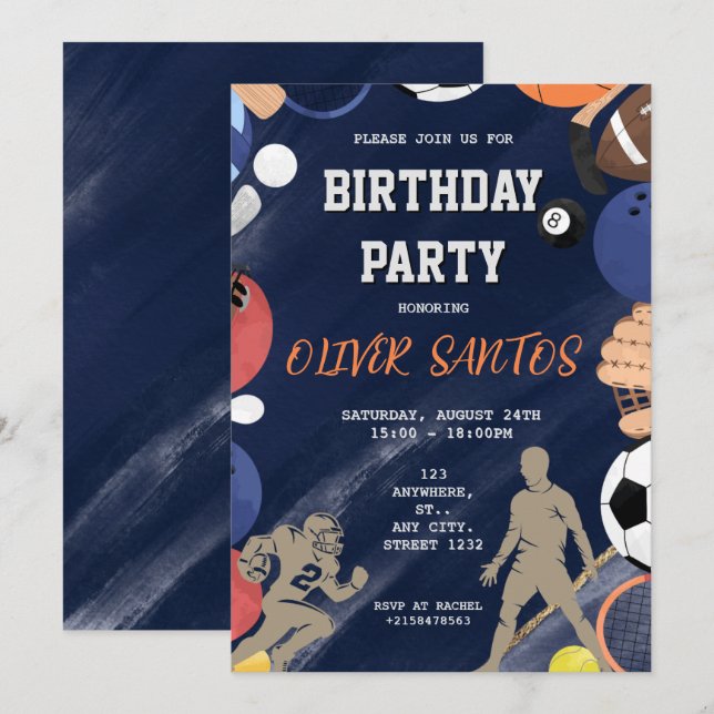 Invitación Jugadores deportivos azul de la marina Cumpleaños (Anverso / Reverso)