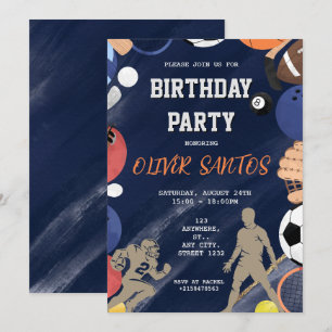 Invitación Jugadores deportivos azul de la marina Cumpleaños