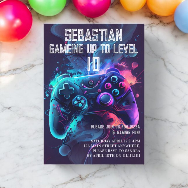 Invitación Jugar al cumpleaños divertido (gaming birthday invitation fully editable and downloadable if needed , modern simple leveling up )