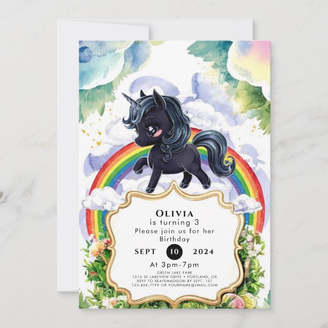 Invitación Jugoso cumpleaños negro unicornio (Anverso)