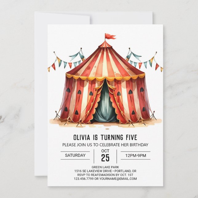 Invitación Jugoso Día de Cumpleaños Editable Delight Circus (Anverso)