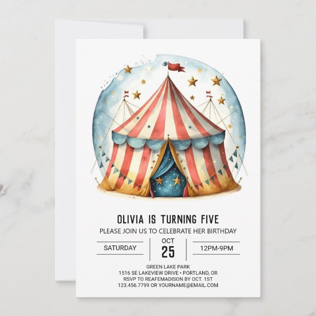 Invitación Jugoso Editable Whimsy Circus Birthday (Anverso)