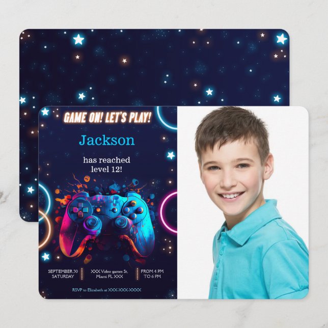 Invitación Juguemos al videojuego Fotos de cumpleaños (Anverso / Reverso)