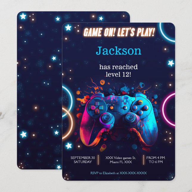 Invitación Juguemos el cumpleaños del videojuego (Anverso / Reverso)