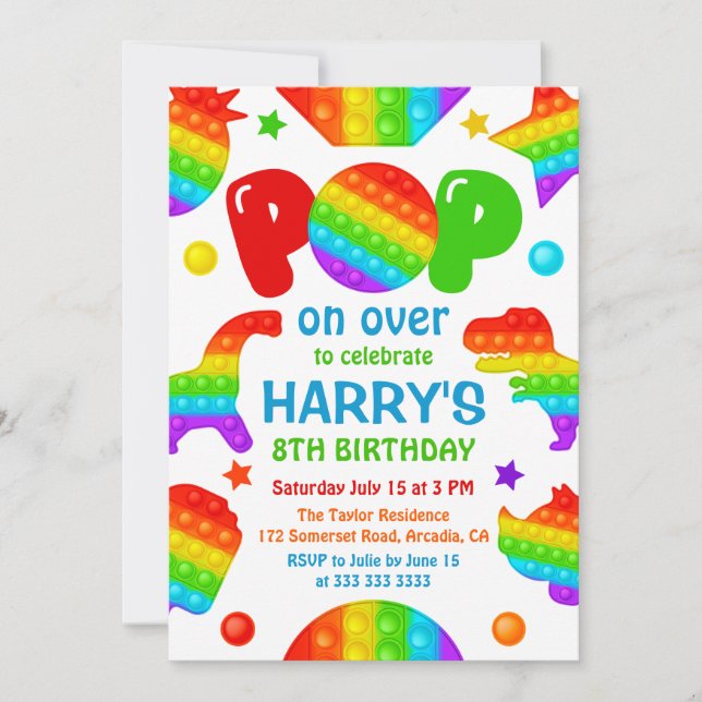 Invitación Juguete Antiestrés Pop It Arcoíris Cumpleaños Niño (Anverso)