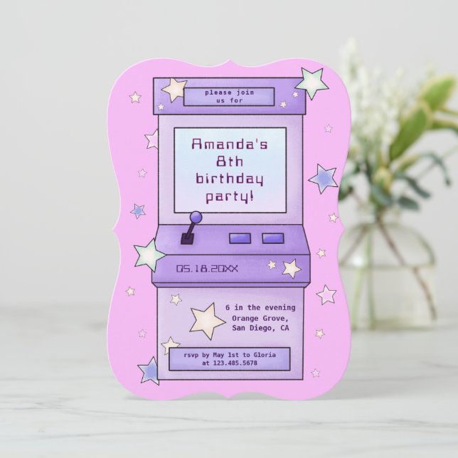 Invitación Juguete de arcada púrpura Cute Retro Niños Cumplea (Anverso de pie)