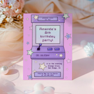Invitación Juguete de arcada púrpura Cute Retro Niños Cumplea