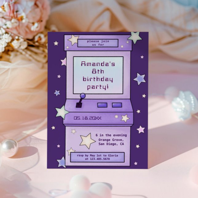 Invitación Juguete de arcada púrpura Cute Retro Niños Cumplea (Subido por el creador)