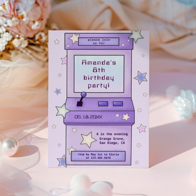 Invitación Juguete de arcada púrpura Cute Retro Niños Cumplea (Subido por el creador)