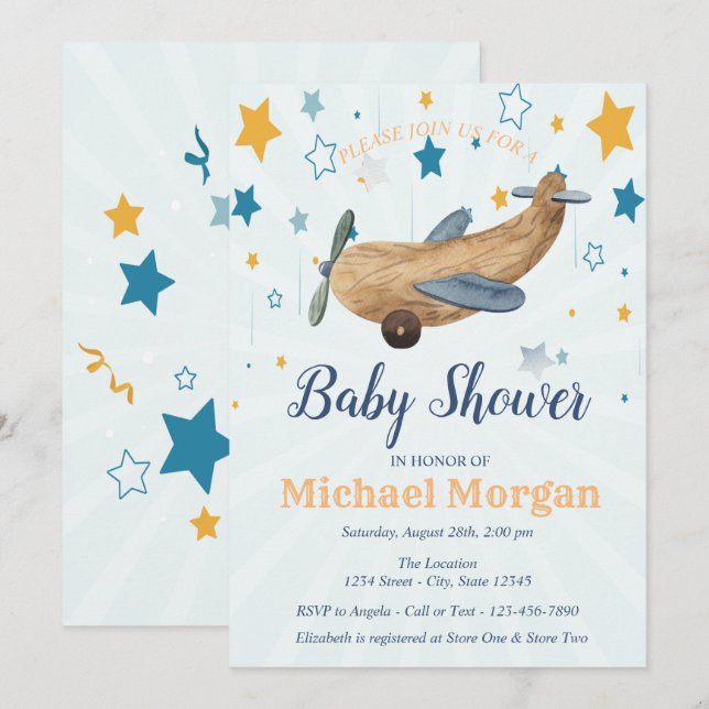 Invitación Juguete de Avión, Cumpleaños de Bebé Estrellas (Anverso / Reverso)