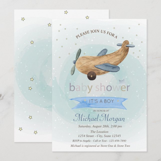 Invitación Juguete de avión, estrellas presenta Baby Shower a (Anverso / Reverso)