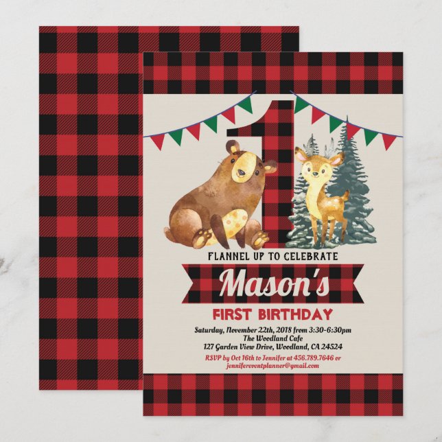 Invitación Juguete de flanco rojo búfalo de primer cumpleaños (Anverso / Reverso)