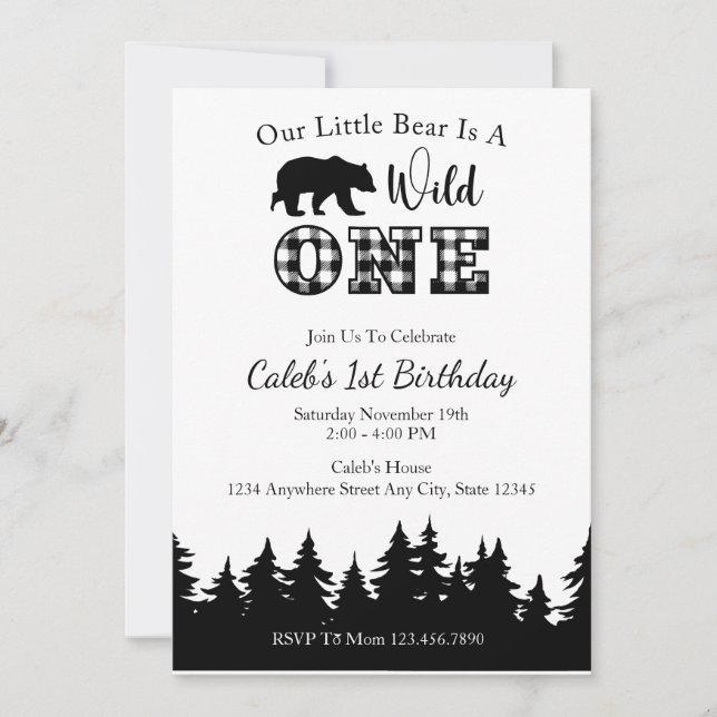 Invitación Juguete de Lumberjack Blanco y Negro 1º cumpleaños (Anverso)