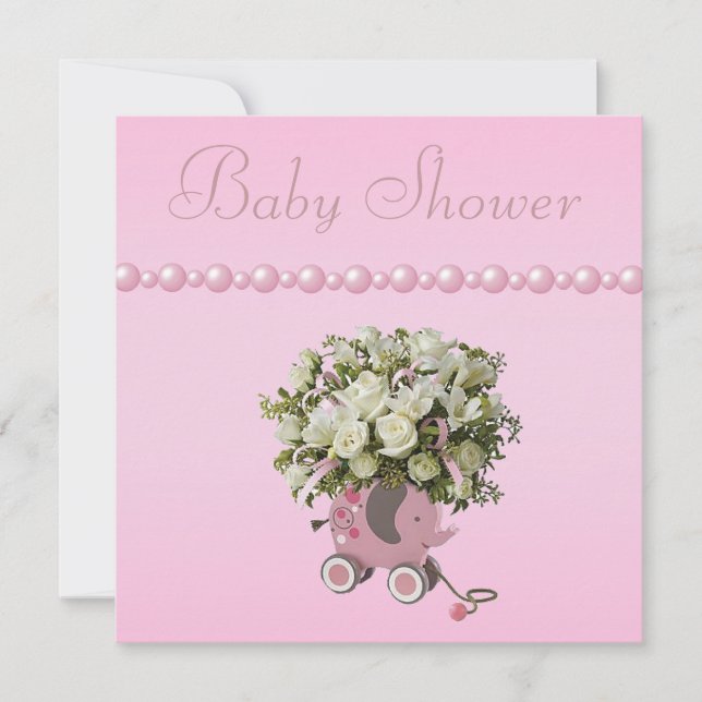 Invitación Juguete del elefante, flores y perlas Baby Shower (Anverso)