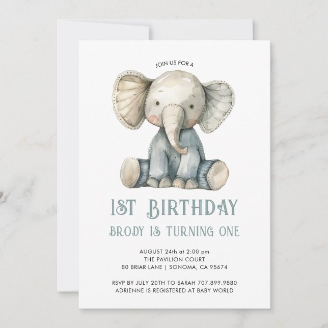 Invitación Juguete elefante azul de 1 cumpleaños lindo (Anverso)