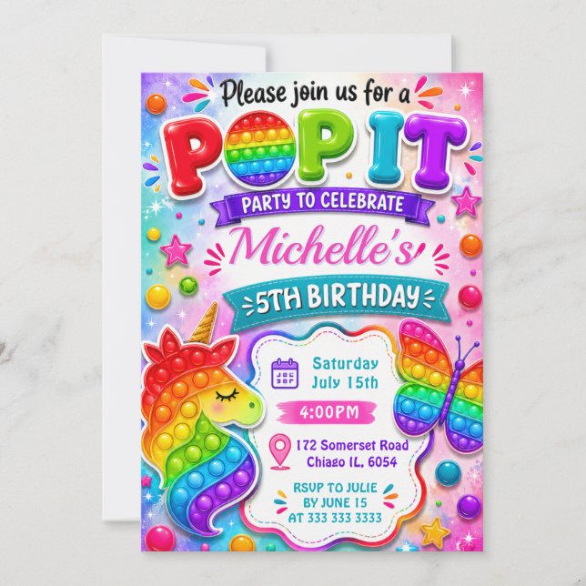 Invitación Juguete Fidget Pop It Arcoíris Fiesta de Cumpleaño (Anverso)