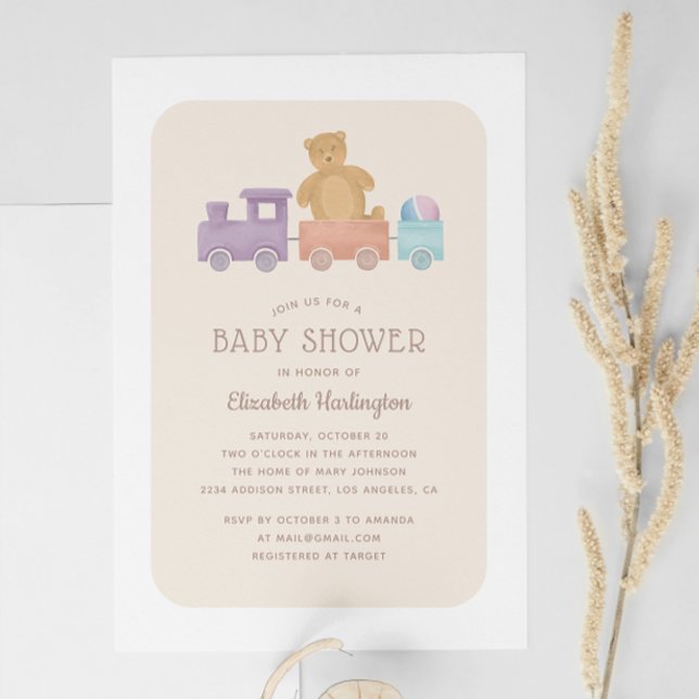 Invitación Juguete infantil y oso lindo. Ducha de bebé neutra (Subido por el creador)