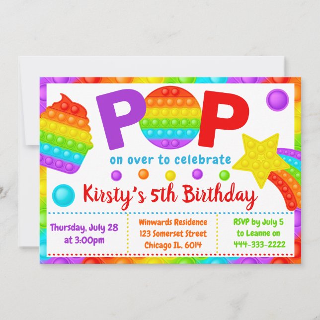 Invitación Juguete para inquietos Pop It Arcoíris Cumpleaños (Anverso)