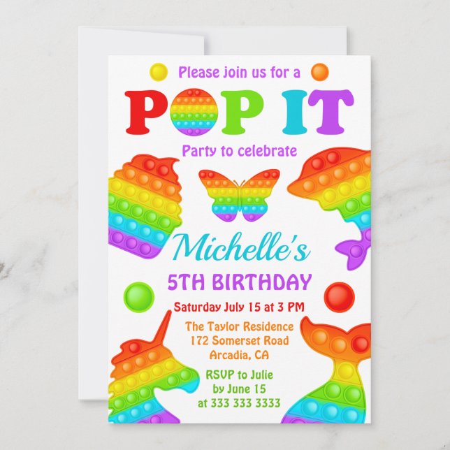 Invitación Juguete para inquietos Pop It Arcoíris Cumpleaños (Anverso)