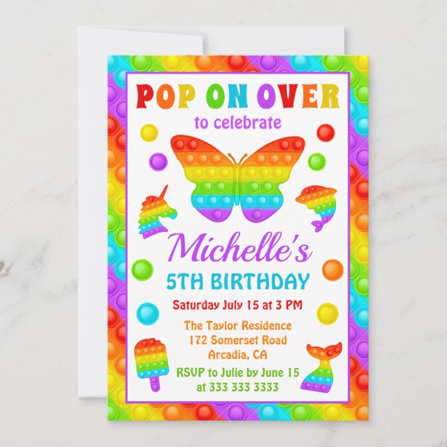 Invitación Juguete para inquietos Pop It Arcoíris Cumpleaños (Anverso)