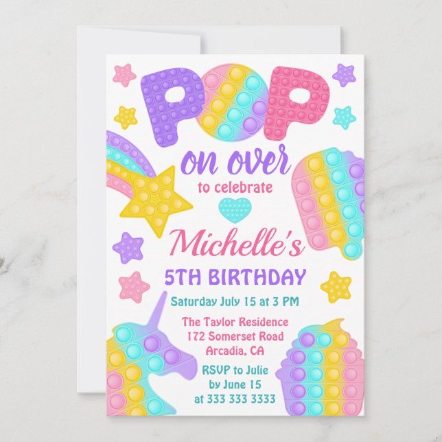 Invitación Juguete Pastel Arcoíris Pop It Cumpleaños Fiesta (Anverso)
