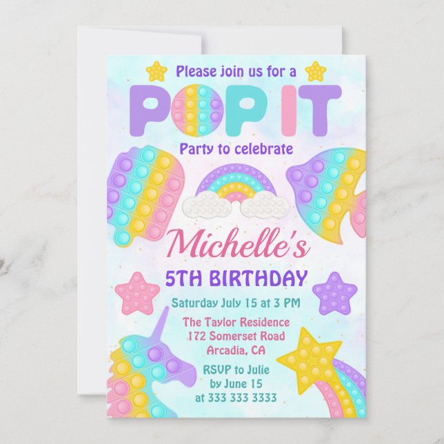 Invitación Juguete Pastel Arcoíris Pop It Cumpleaños Fiesta (Anverso)