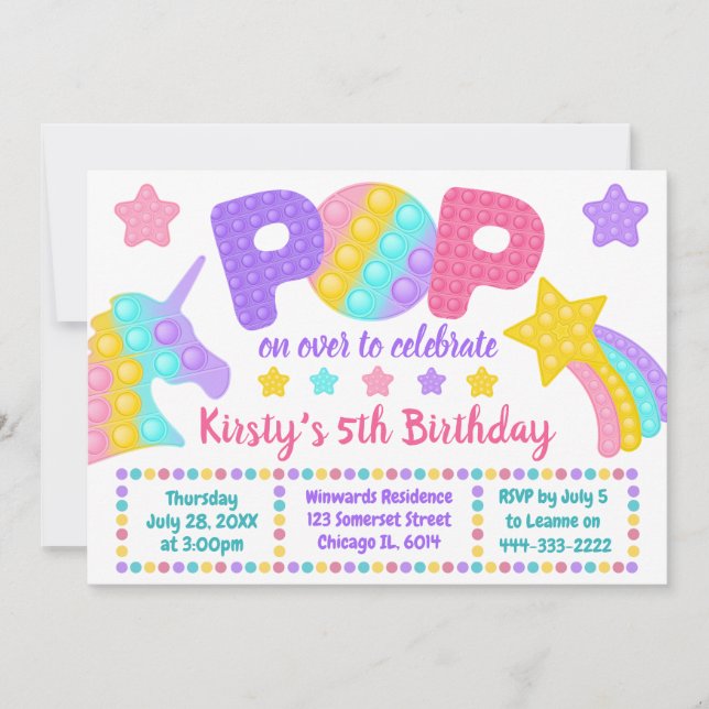 Invitación Juguete Pastel Arcoíris Pop It para Cumpleaños (Anverso)