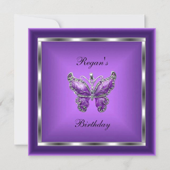 Invitación Juguete plateado mariposa morada Elegante cumpleañ (Anverso)