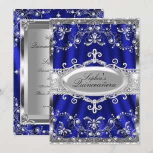 Invitación Juguete Real Azul Y Plata Damask Quinceanera