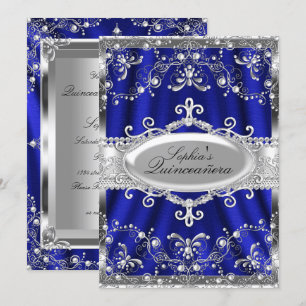 Invitación Juguete Real Azul Y Plata Damask Quinceanera